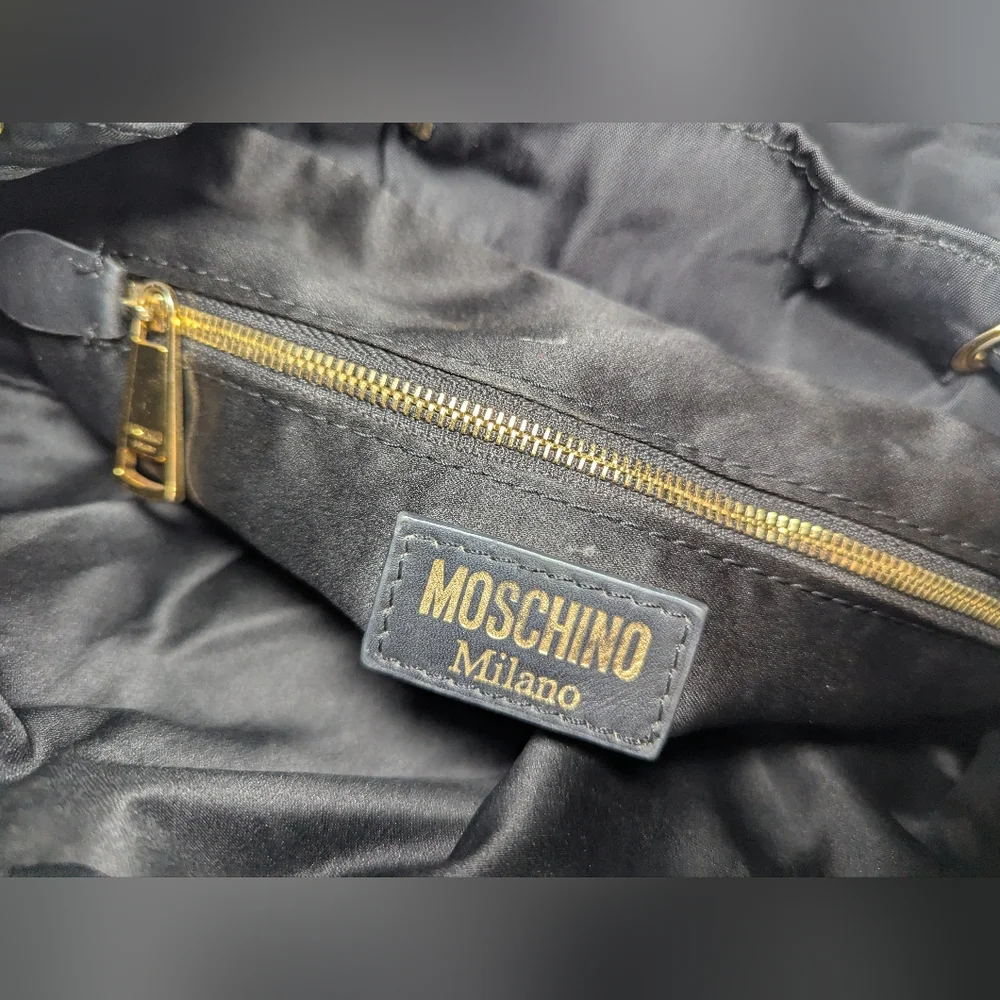 MOSCHINO Black Nylon Leather Trim Backpack Gold-tone Logo